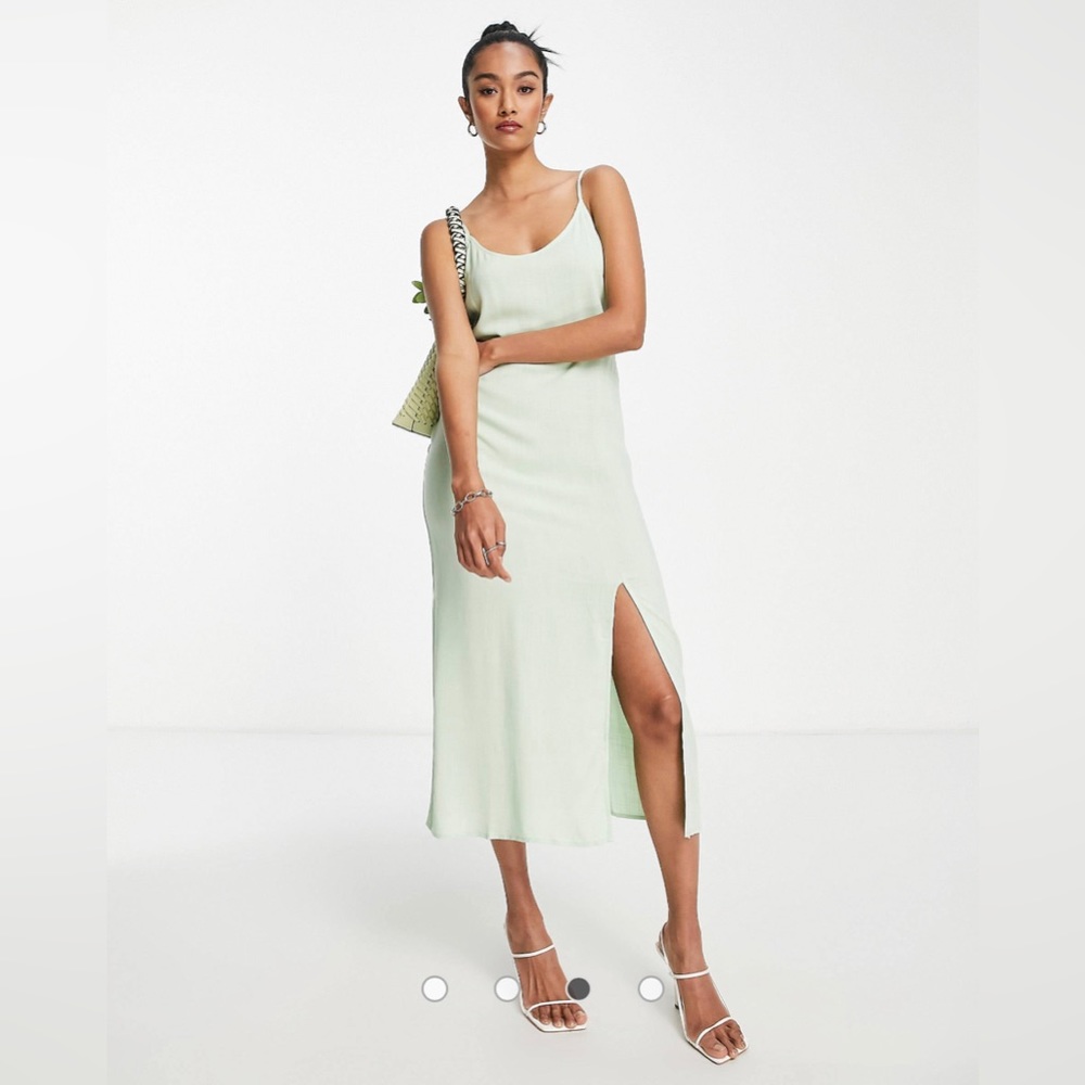Vila Exclusive linen touch cami midi dress with slit in green